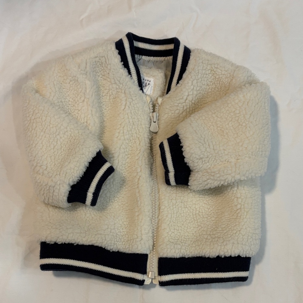 Baby Gap Cream Sherpa Bomber Jacket with Navy Trim for Winter and Fall